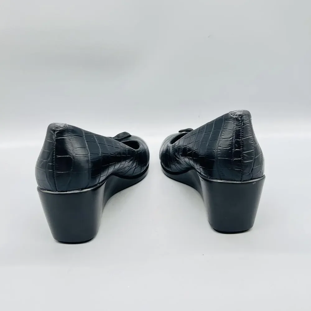 Vionic Shoes Women 9 Black Croc Lena Wedge Bow Pumps Round Toe Slip On
